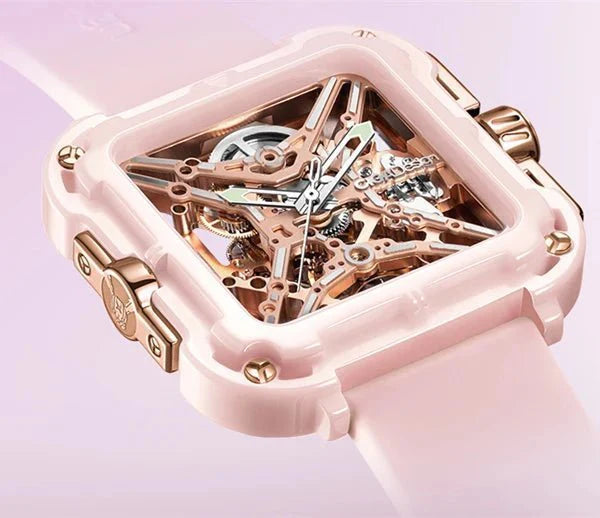CIGA Design X Series Women's Watch: Pink Ceramic Skeleton with Soft Silicone Strap