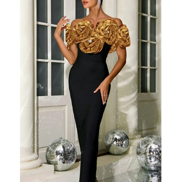 Stereoscopic Golden Flowers Off-the-Shoulder Ankle-Length Bandage Dress Golden Flower