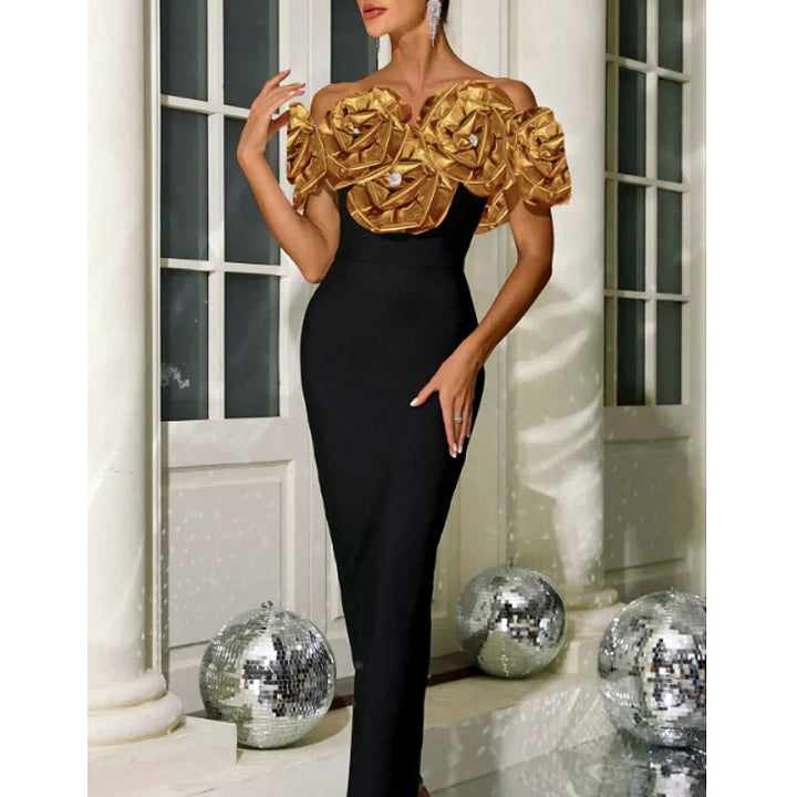 Stereoscopic Golden Flowers Off-the-Shoulder Ankle-Length Bandage Dress Golden Flower