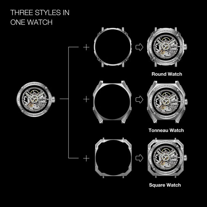 CIGA Design Magician Series Men's Watch: 3-in-1 Skeleton with Steel Case & Fluororubber Strap