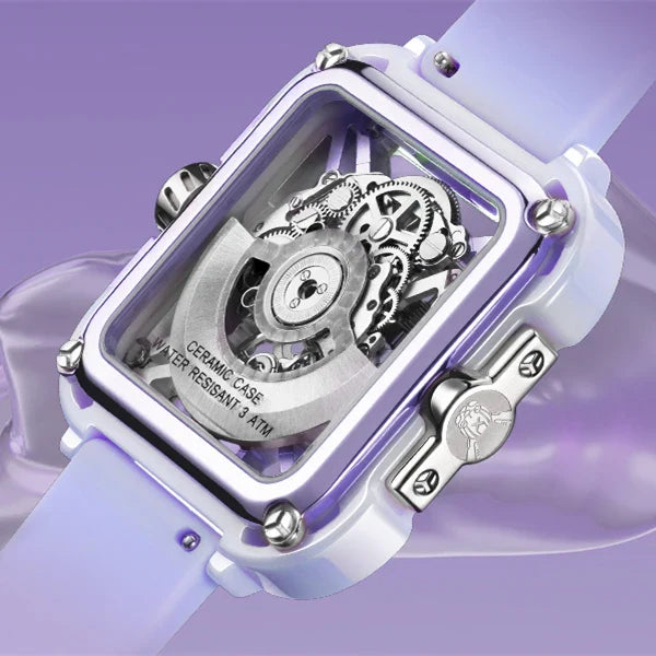 CIGA Design X Series Women's Watch: Purple Ceramic Skeleton with Silicone Strap