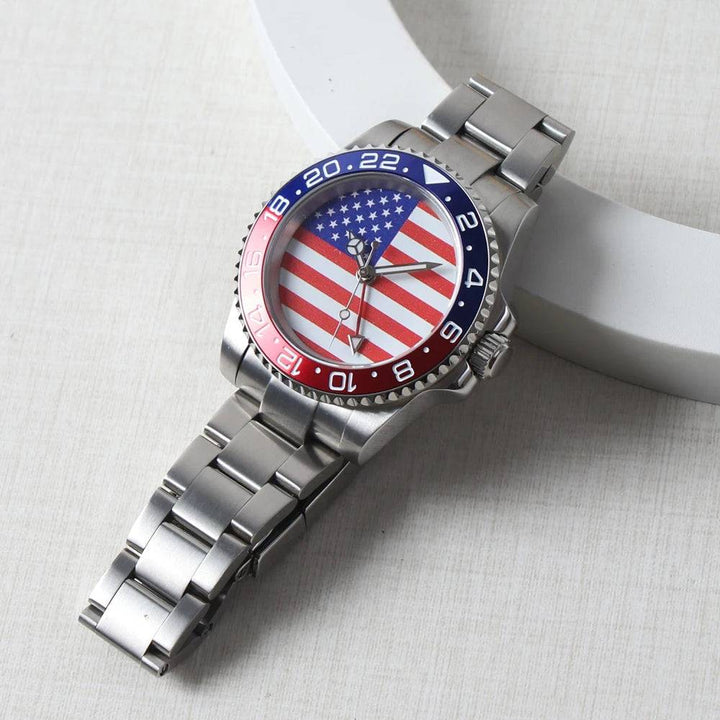 MINUTETIME NH34 GMT Watch DIY Dial American Flag 40MM Red Blue Bezel Automatic Movement Watch Sapphire Crystal 10ATM Waterproof
