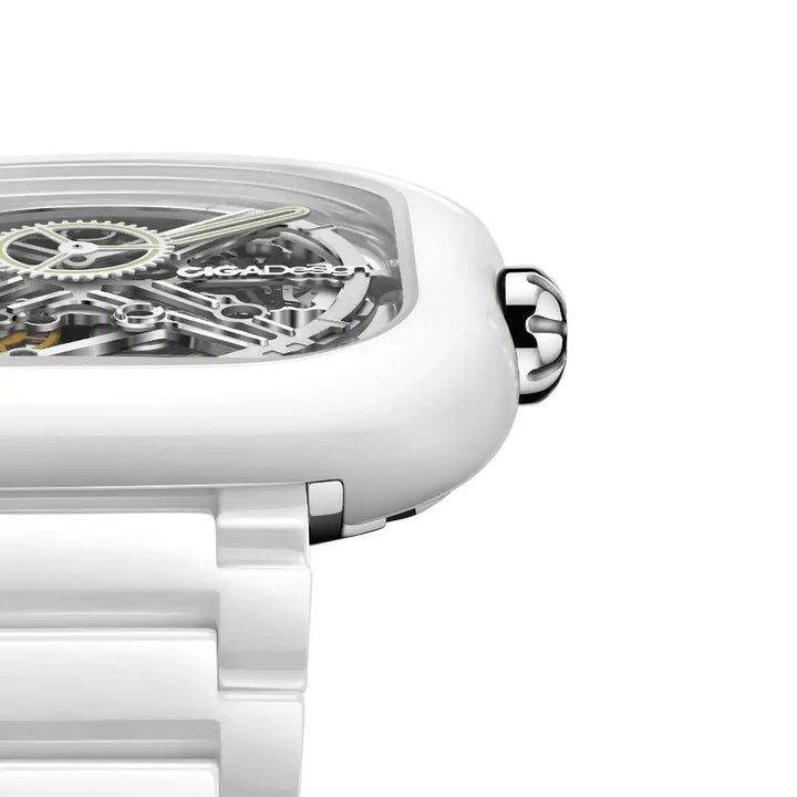 CIGA Design Y Series Couple Watch: White Ceramic Skeleton with Luminous Jade Design