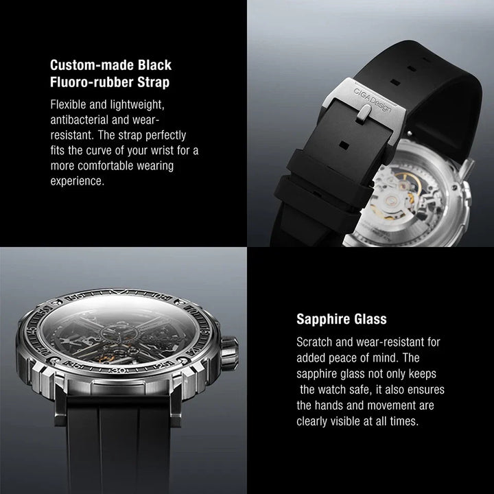 CIGA Design Magician Series Men's Watch: 3-in-1 Skeleton with Steel Case & Fluororubber Strap