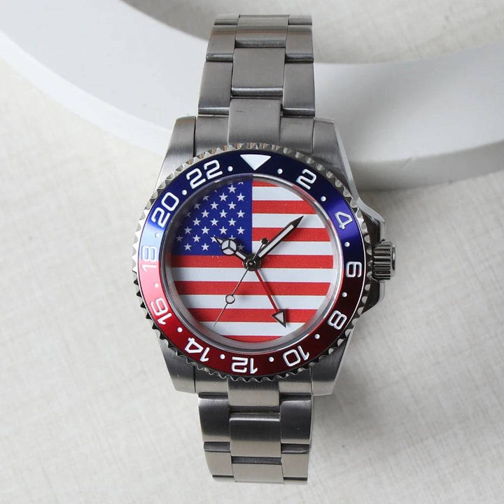 MINUTETIME NH34 GMT Watch DIY Dial American Flag 40MM Red Blue Bezel Automatic Movement Watch Sapphire Crystal 10ATM Waterproof
