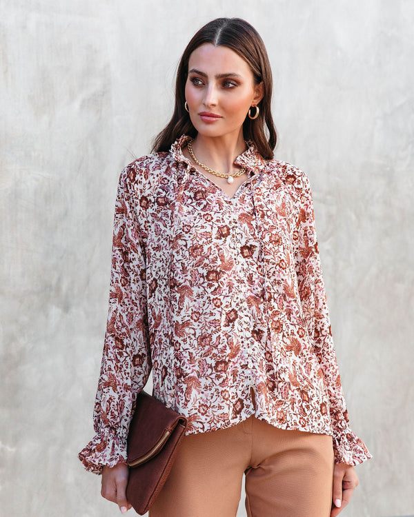 Sahara Printed Ruffle Long Sleeve Top Ivory