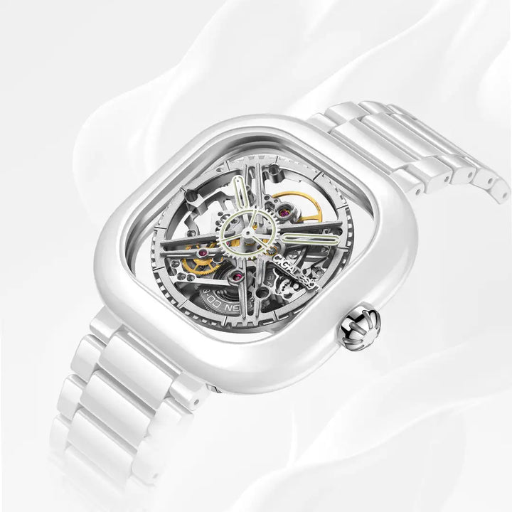 CIGA Design Y Series Couple Watch: White Ceramic Skeleton with Luminous Jade Design