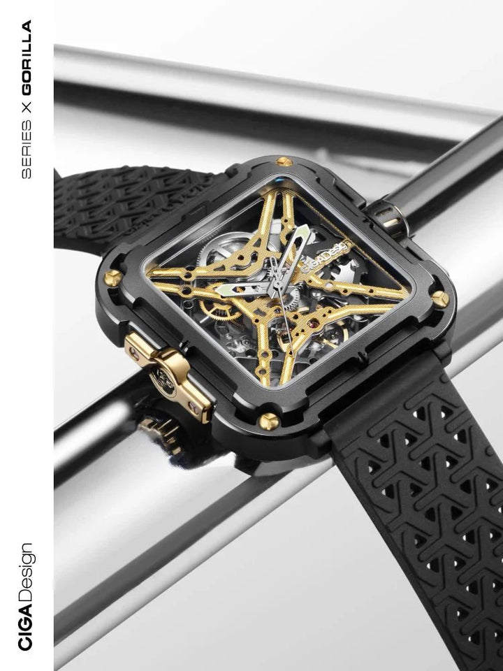 CIGA Design X Series Men's Watch: Titanium Gold Skeleton with Two Straps