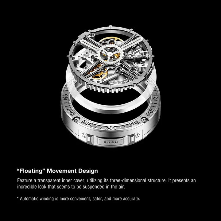 CIGA Design Magician Series Men's Watch: 3-in-1 Skeleton with Steel Case & Fluororubber Strap