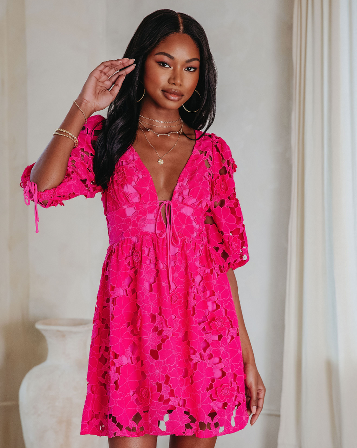 Paulette Floral Crochet Lace Mini Dress Hot Pink
