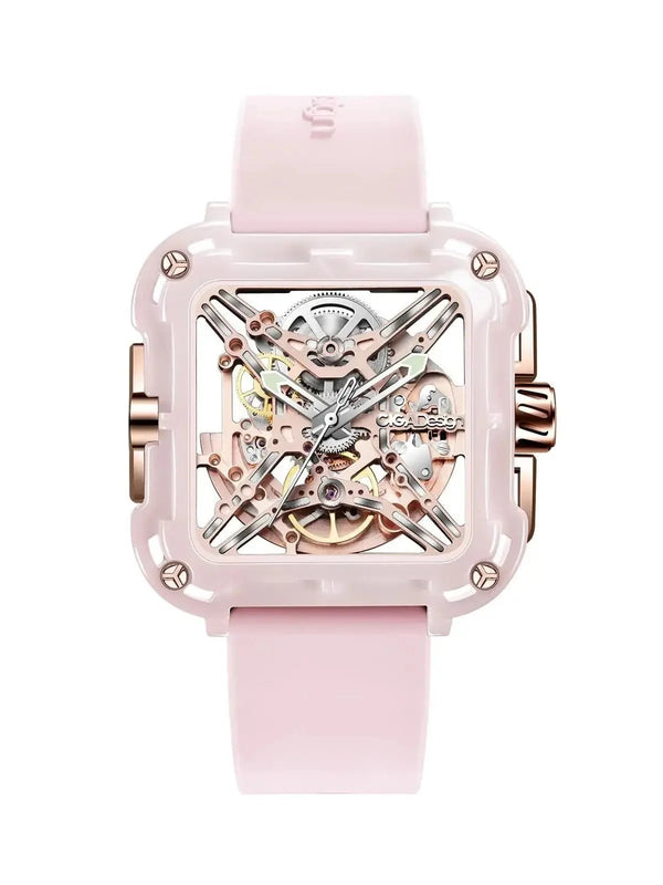 CIGA Design X Series Women's Watch: Pink Ceramic Skeleton with Soft Silicone Strap Pink Automatic