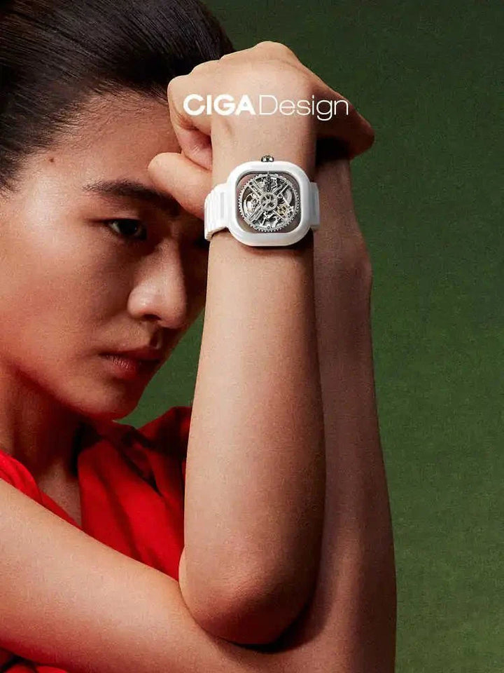 CIGA Design Y Series Couple Watch: White Ceramic Skeleton with Luminous Jade Design
