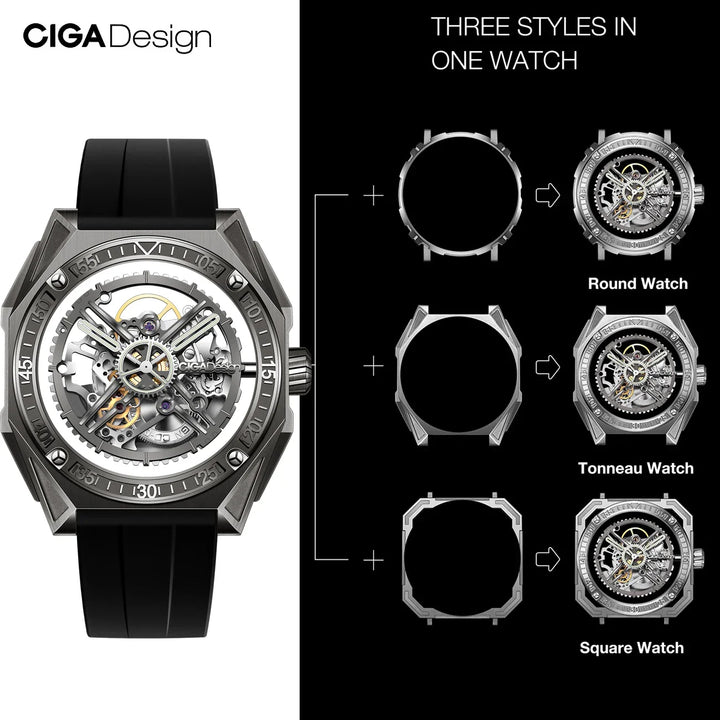 CIGA Design Men's Watch: 3-in-1 Titanium Skeleton with Fluororubber Strap Titanium Case