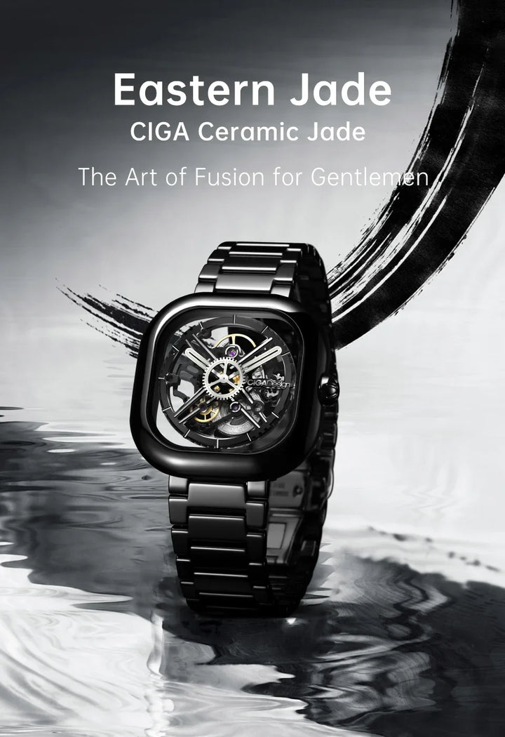 CIGA Design Y Series Watch: Eastern Jade Black Skeleton with Luminous Ceramic Case