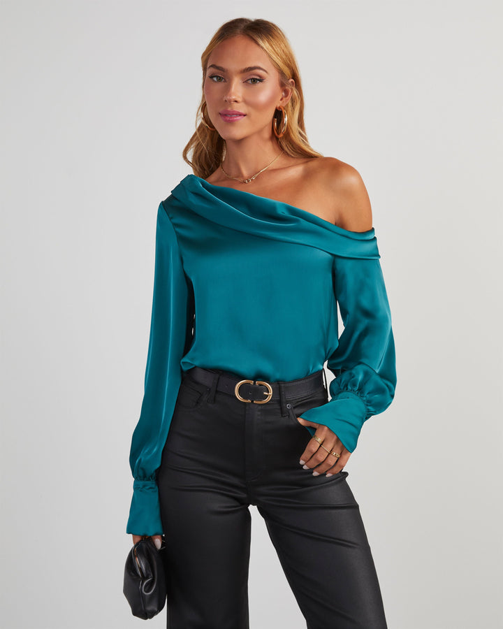 Runway Girl Satin Off Shoulder Top Emerald