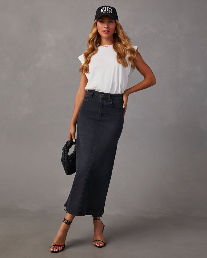 Chic Side Slit Denim Midi Skirt Black