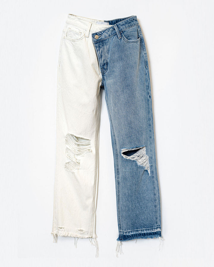 Now High Rise Cross Over Two Tone Straight Jeans