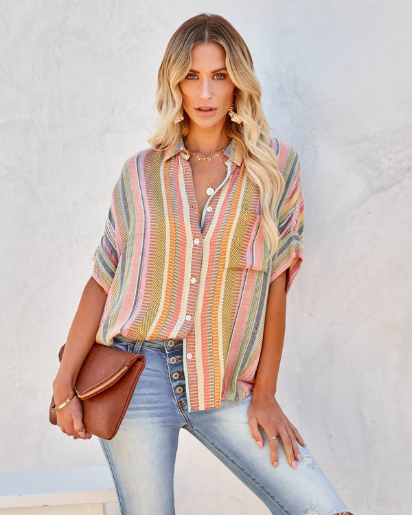Camille Striped Woven Button Down Top Yellow Multi