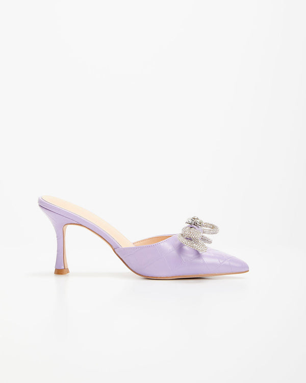 Ophelia Croc Embossed Crystal Embellished Bow Mule Heels Lavender