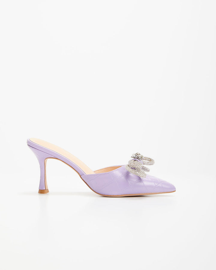Ophelia Croc Embossed Crystal Embellished Bow Mule Heels Lavender