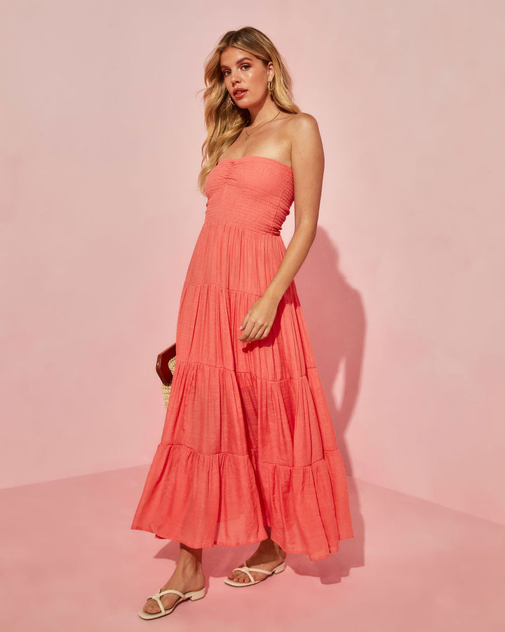 Rosalina Strapless Smocked Tiered Maxi Dress Coral