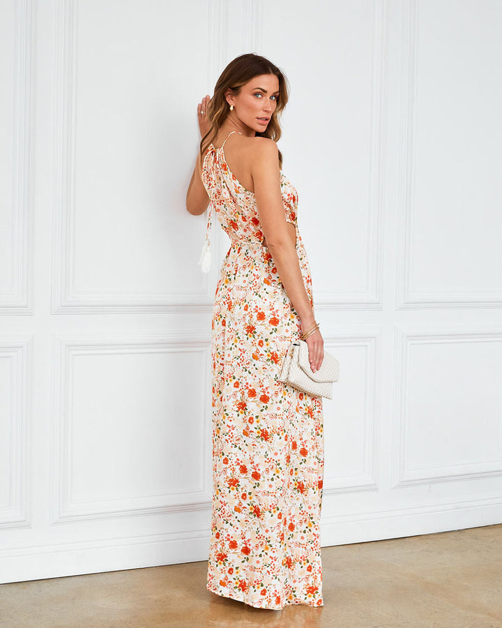 Salome Floral Satin Cutout Halter Maxi Dress
